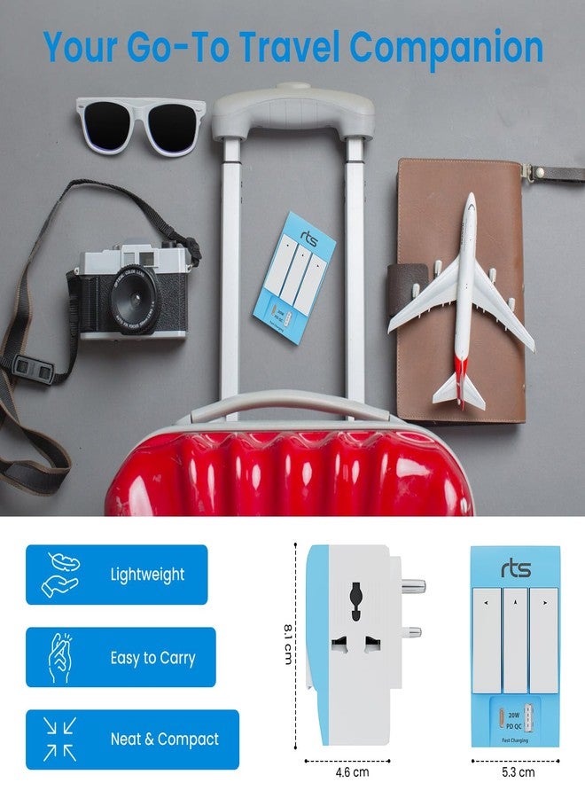 rts مقبس متعدد الأطراف ثلاثي الأطراف من RTS - محول سفر عالمي مزود بمنافذ USB ومنفذ Type-C PD ومفتاح أمان فردي ومؤشر LED - مقبس ثلاثي الاتجاهات (5 أمبير - 250 فولت) من النوع D للمنزل والمكتب - أزرق - Image 4